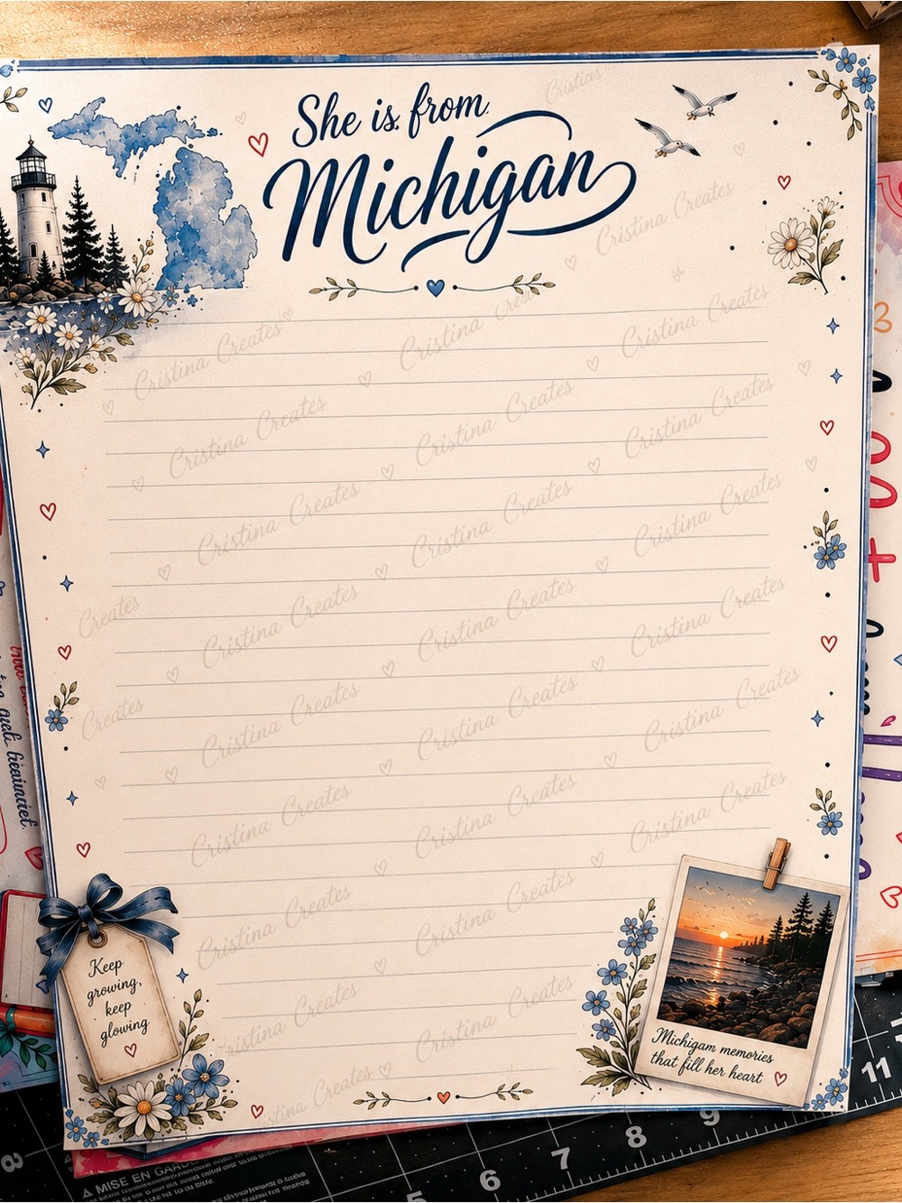 She is from Michigan Lined Stationery - Blue & Cream Nautical Floral